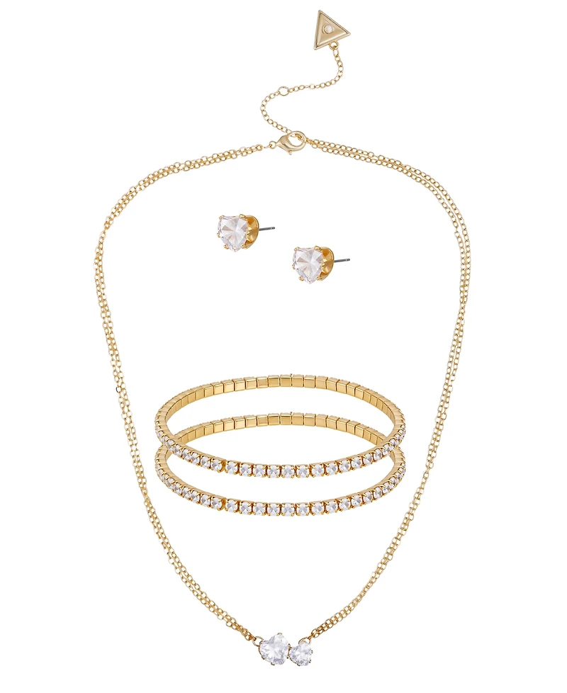 Guess 3-Pc. Cubic Zirconia Gold-Tone Heart Necklace, Stud Earrings, and Bracelet Gift Set