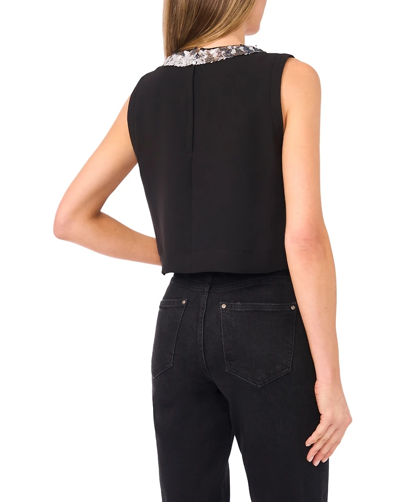 CeCe Women's Sleeveless Sequin Paillette Trim Cropped Top