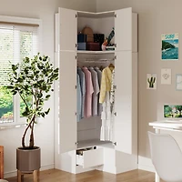 Bedroom Corner Armoire with Top Cabinet, Wardrobe with 2-Drawers and 2-Hold Bar