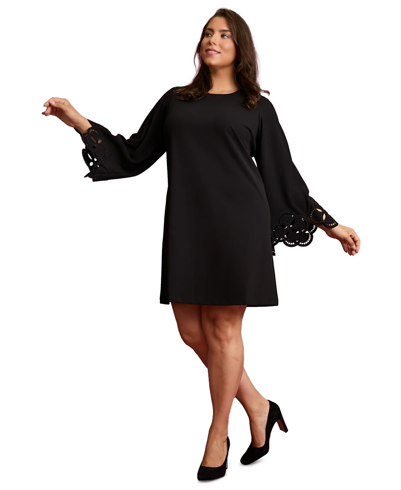 London Times Plus Lasercut Long Sleeve Swing Dress