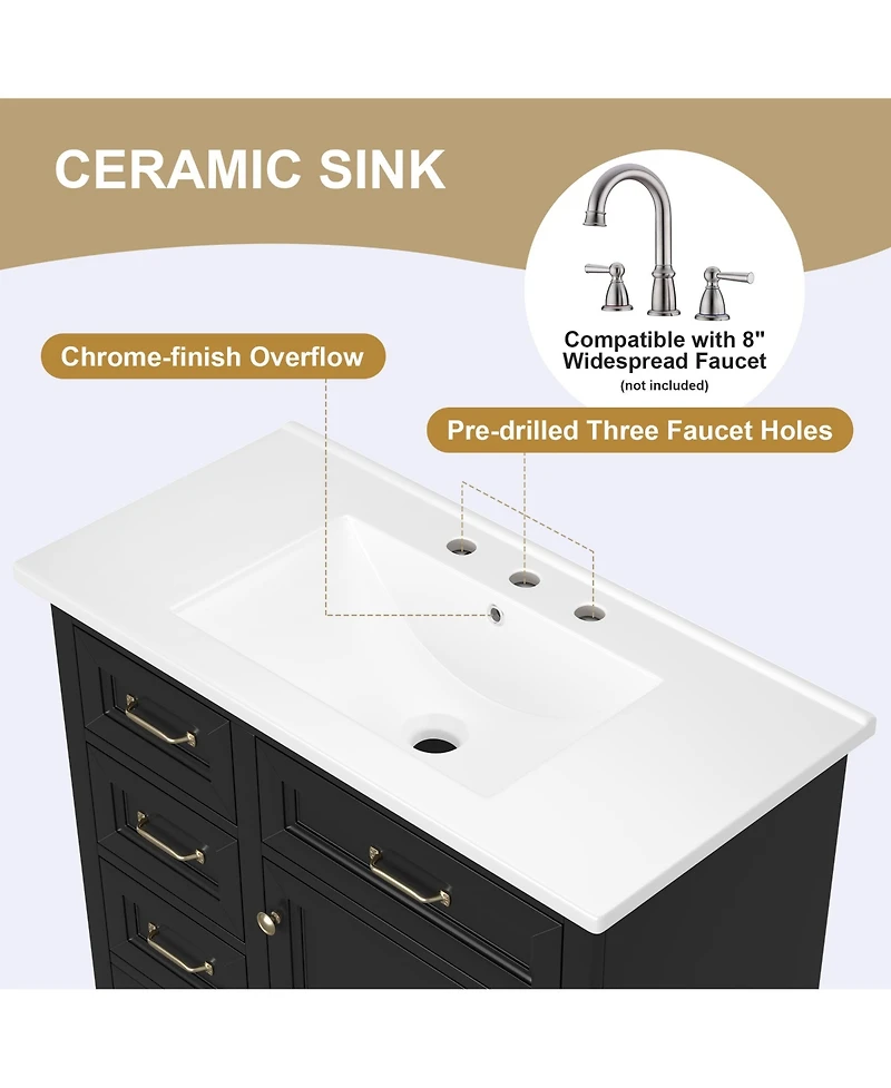 Casainc 36" Bathroom Vanity with Ceramic Sink, 4 Drawers and 1 Soft-Close Door, Freestanding