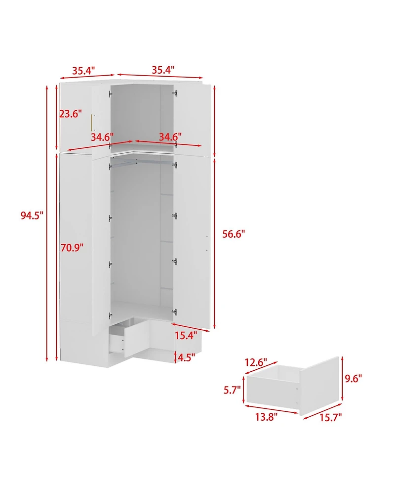 Bedroom Corner Armoire with Top Cabinet, Wardrobe with 2-Drawers and 2-Hold Bar