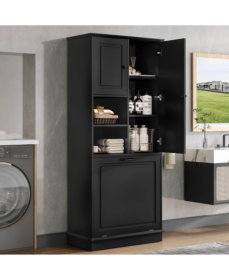 Casainc Tall Storage Cabinet with Adjustable Shelves, Flip-Out Basket and Enclosed Cabinets