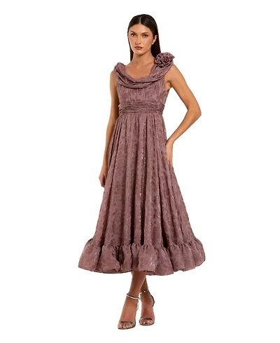 Mac Duggal Women's Burnout Chiffon Sleeveless Cowl Neck Midi Dress