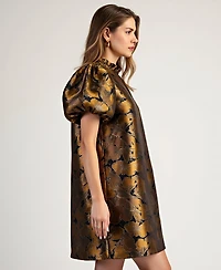 Modenaire Women's Metallic Floral Puff-Sleeve Ruffled-Collar A-Line Mini Dress