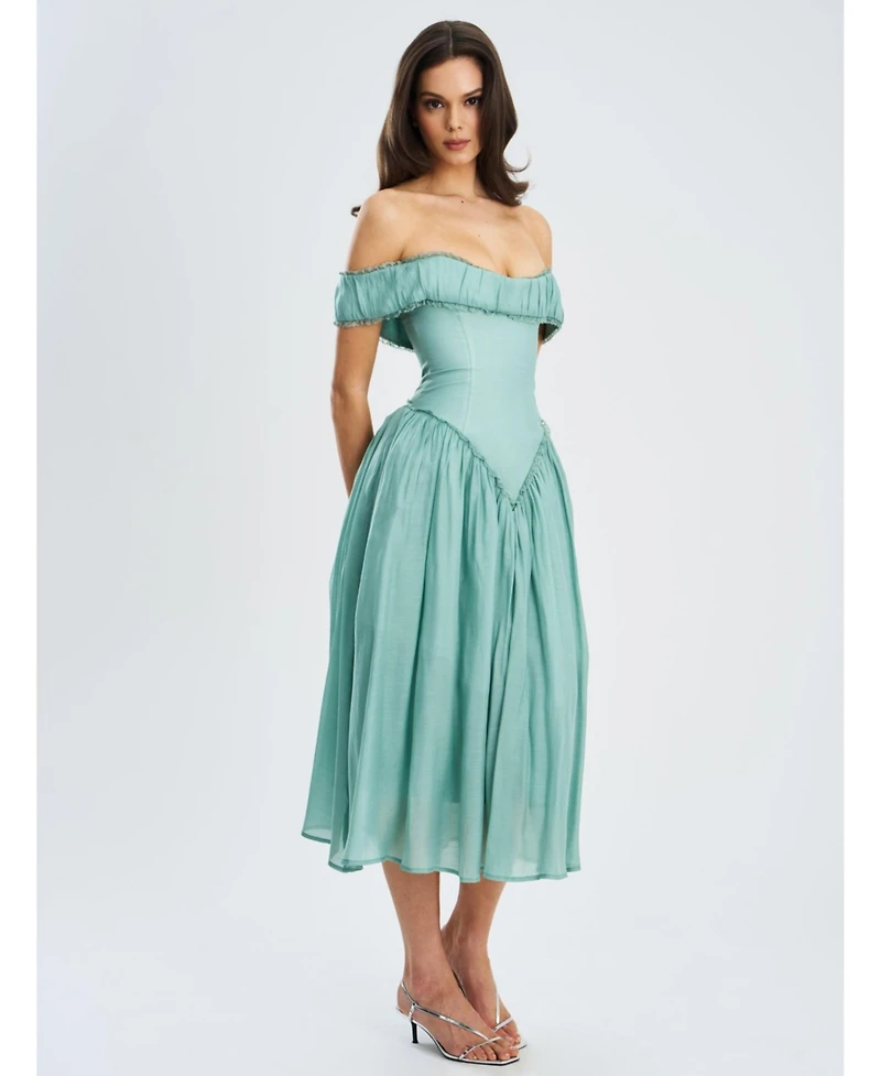 Miss Circle Women's Xavy Teal Green Off Shoulder Corset Midi Dress