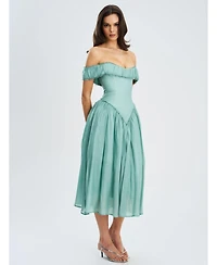 Miss Circle Women's Xavy Teal Green Off Shoulder Corset Midi Dress