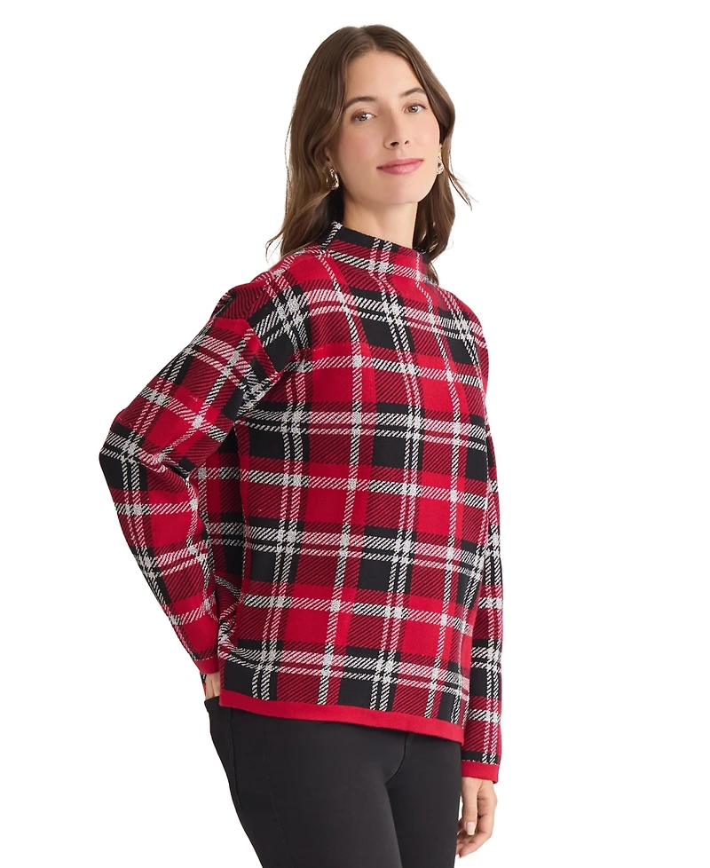 Jones New York Women's Plaid Mock Neck Sweater