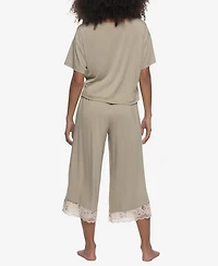 Felina Women's Regular Amelie Jersey Vintage Lace Crop Tee Wide Leg Pants