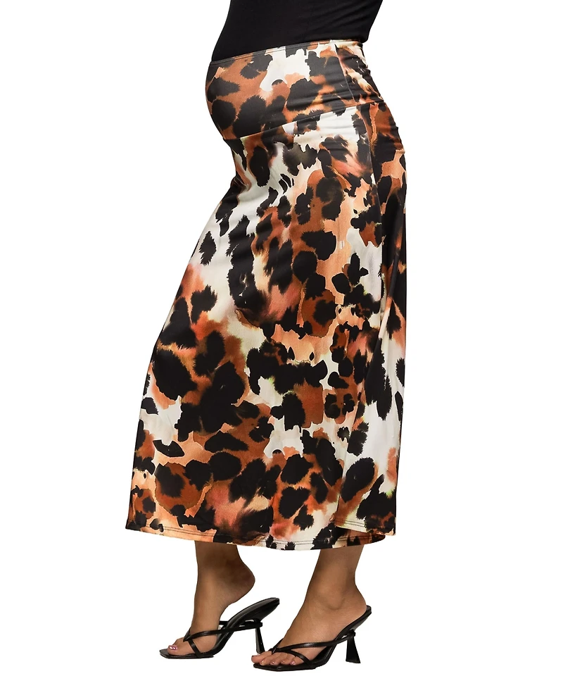 24seven Comfort Apparel Women's Maternity Animal Print Elastic Waist Maxi Skirt