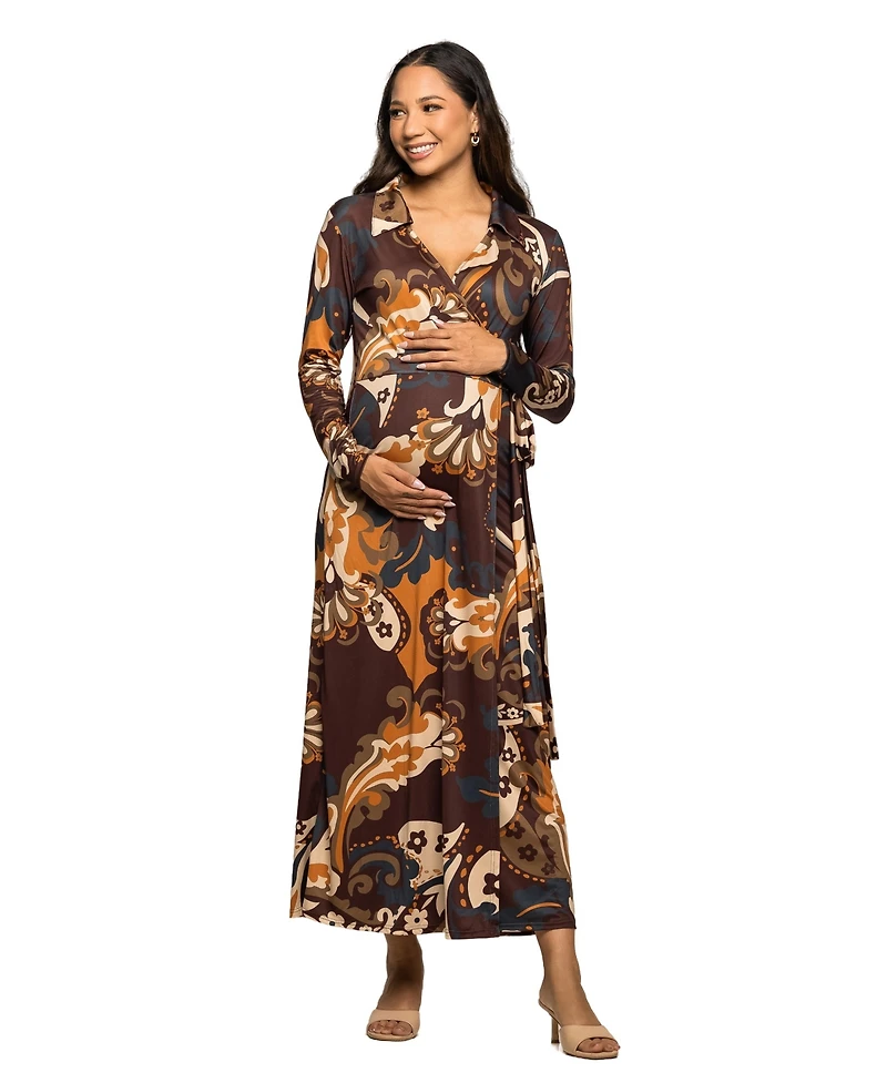 24seven Comfort Apparel Women's Maternity Brown paisley Empire Waist Maxi Dress