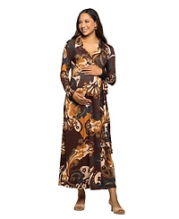 24seven Comfort Apparel Women's Maternity Brown paisley Empire Waist Maxi Dress