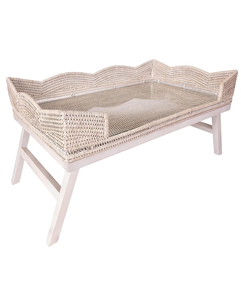 Artifacts Trading Company Artifacts Rattan Scallop Design Breakfast Tray with Wooden Legs & Glass Insert