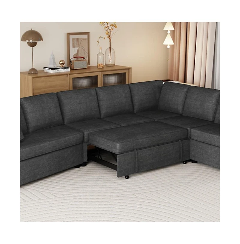 124.8” L-Shaped Pull Out Sleeper Sofa Bed with Usb Ports & Power Outlets, Convertible Sectional Couch for Living Room-Maison Boucle