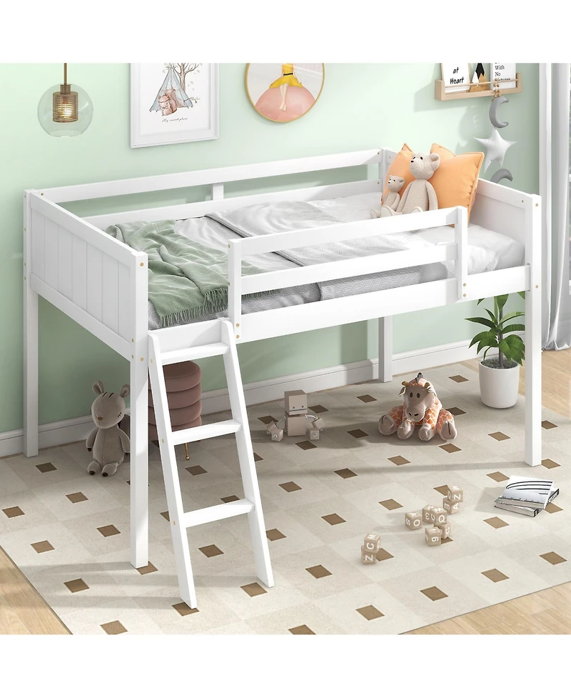 Twin Wood Low Loft Bed with Ladder, ladder can be placed on the left or right