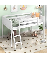 Twin Wood Low Loft Bed with Ladder, ladder can be placed on the left or right