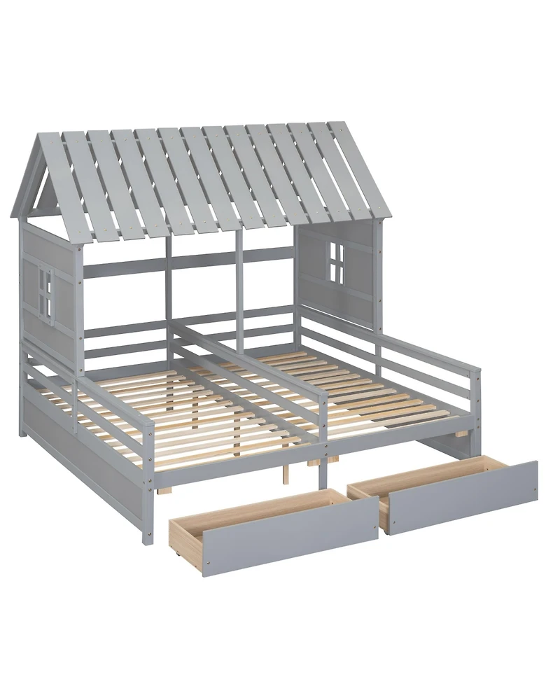 Twin House Platform Beds with Two Drawers for Boy and Girl Shared Beds, Combination of 2 Side by
