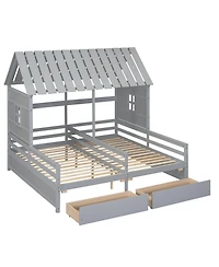 Twin House Platform Beds with Two Drawers for Boy and Girl Shared Beds, Combination of 2 Side by