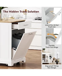 sumyeg Fluted Kitchen Island with Trash Can Cabinet, Power Outlet, 3 Drawers, Open Racks, Fits 10 Gallon Bin, Wheels
