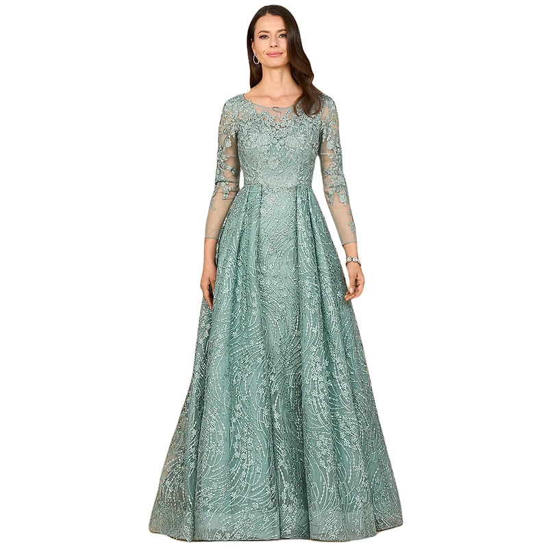 Lara Women's Long Sleeve Gown with Overskirt & Illusion Neckline
