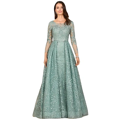 Lara Women's Long Sleeve Gown with Overskirt & Illusion Neckline