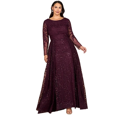 Lara Women's Long Sleeve Gown with Overskirt & Illusion Neckline