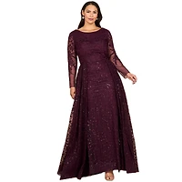 Lara Women's Long Sleeve Gown with Overskirt & Illusion Neckline