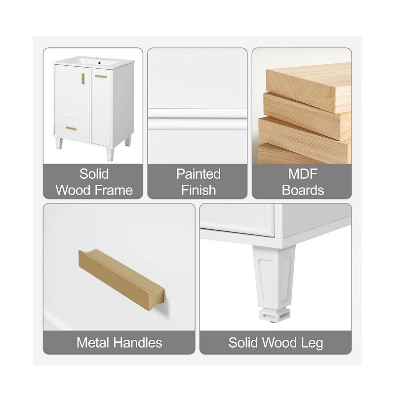 Chic Crate-24" Modern Bathroom Vanity Sink & Deep Drawer | 2-Tier Pull-Out Basket Solid Wood Frame White