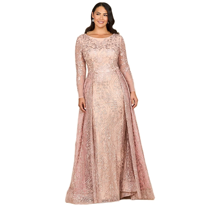 Lara Women's Long Sleeve Gown with Overskirt & Illusion Neckline