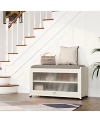 Shoe Storage Bench with Cushion Seat, Modern Shoe Organizer Cabinet with Flip-Down Door, Sturdy Metal Frame & Comfortable Seating for Entryway