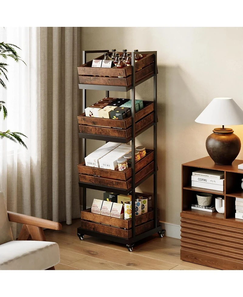 Tribesigns 4-Tier Wooden Kitchen Cart with Wheels, Mobile Fruit and Vegetable Storage, Utility Shelf