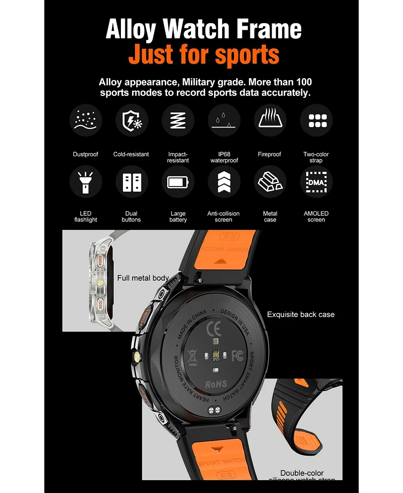 Ruxing Smart ToughArmor Ultra Rugged Outdoor Health Fitness Smart watch -Silver