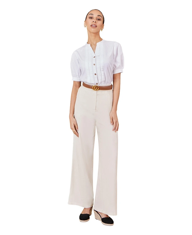 Yumi Women's Cotton Pleated Short Sleeve Shirt
