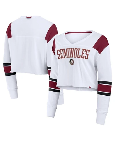 Fanatics Women's White Florida State Seminoles Training Camp Cropped Long Sleeve V-Neck Fashion Top