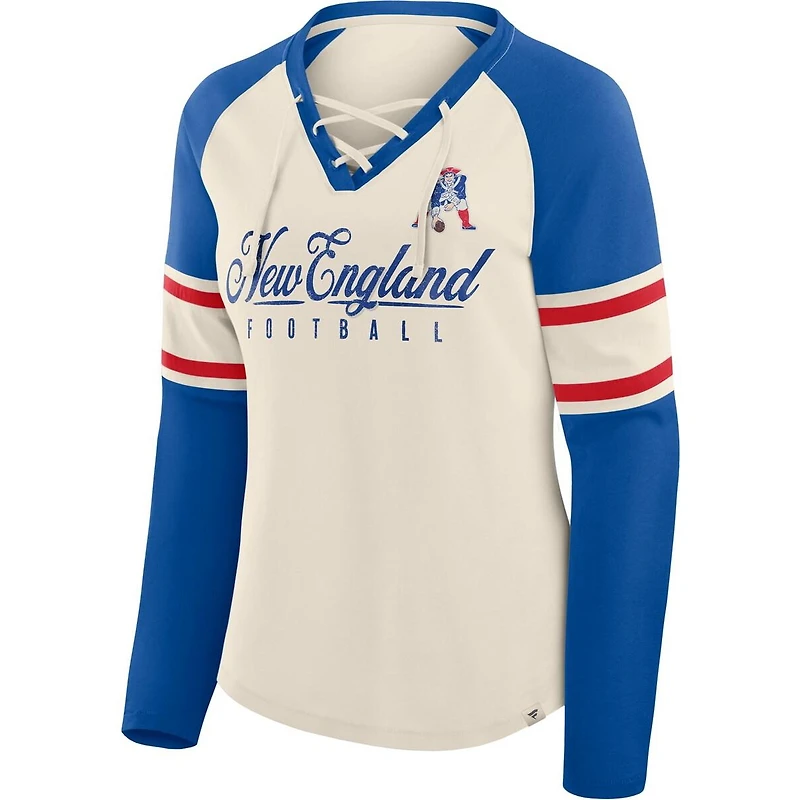 Fanatics Women's Cream/Royal New England Patriots Hometown Gridiron Hero Raglan Lace-Up V-Neck Long Sleeve T-Shirt