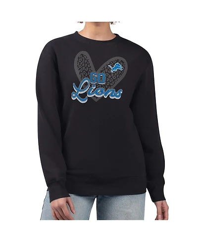 G-iii 4Her by Carl Banks Women's Black Detroit Lions Leopard Heart Pullover Sweatshirt
