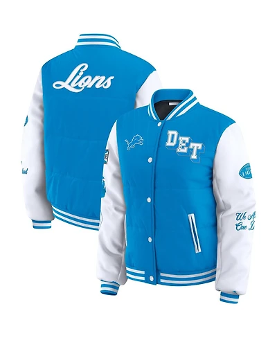 Wear by Erin Andrews Women's Blue Detroit Lions Varsity Full-Snap Puffer Jacket