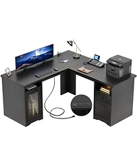 L Shaped Desk with Charging Station, Computer Workstation File Cabinet and Drawers for Office