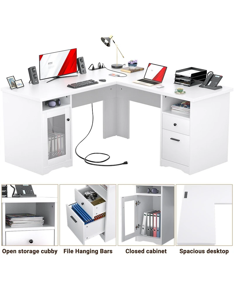 L Shaped Desk with Charging Station, Computer Workstation File Cabinet and Drawers for Office