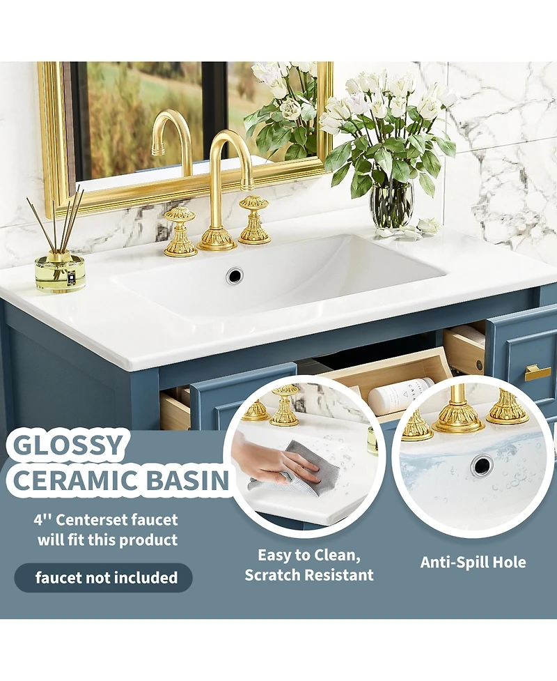 Casainc 30-Inch Bathroom Vanity with Ceramic Sink Combo, Freestanding Single Vanity, 5 Drawers & Solid Wood Storage