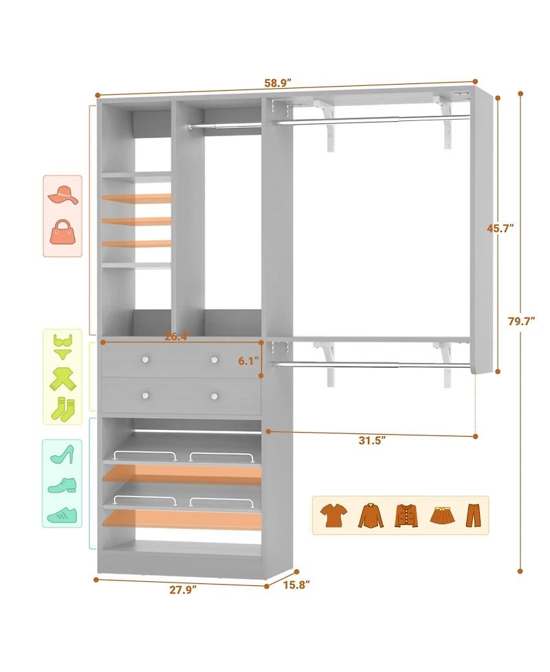 Aheaplus Closet System with Wooden Drawers and Two Hanging Rods