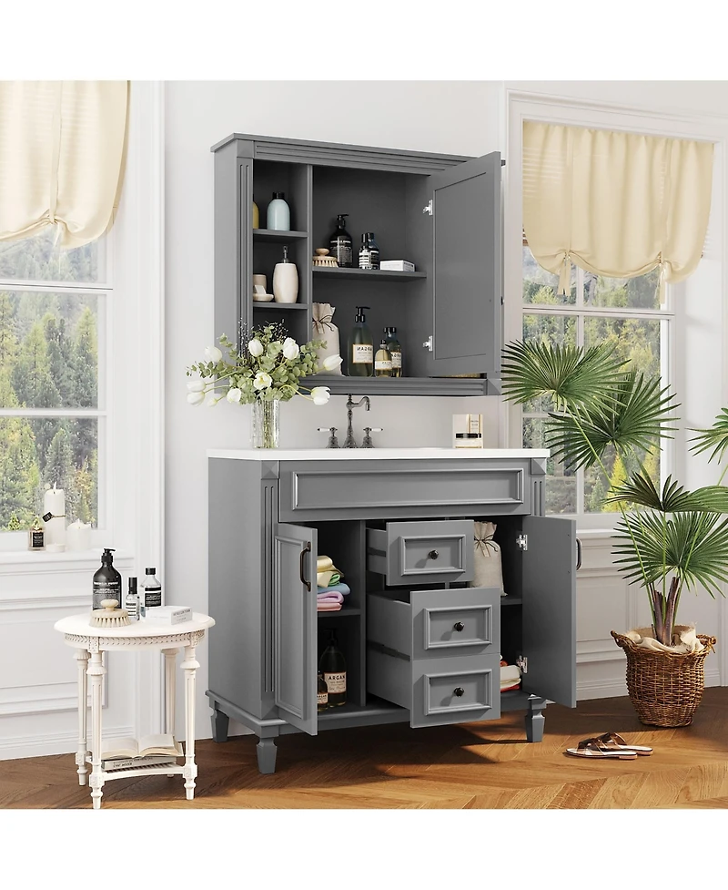 Casainc 36'' Bathroom Vanity with Top Sink, Mirror Cabinet, 2 Soft Closing Doors & Drawers