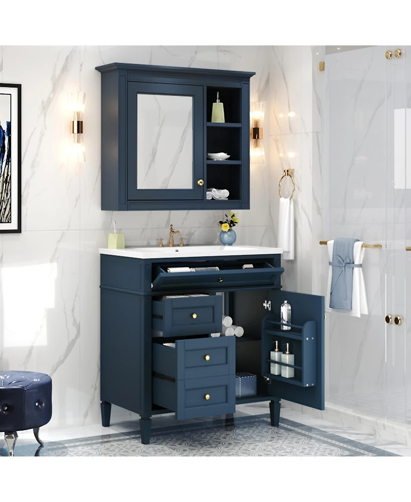 Casainc 30'' Bathroom Vanity with Top Sink, Mirror Cabinet, 2 Drawers & Tip-out Drawer