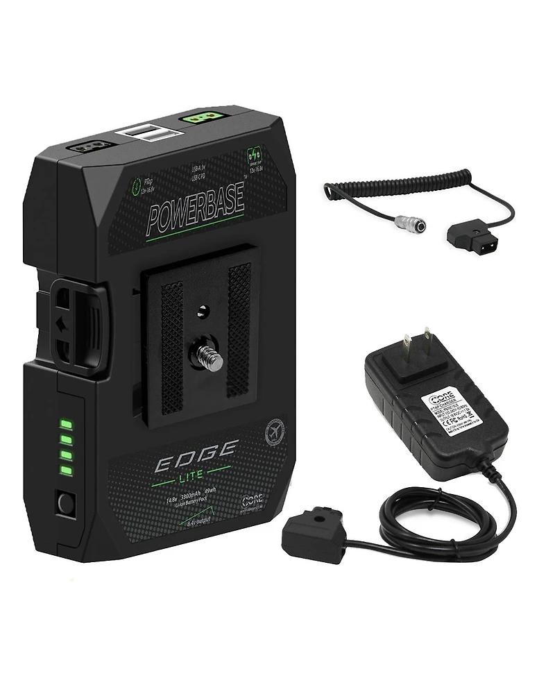 Core Swx PowerBase Edge Lite 49Wh 14.8V Small Form Cine Base Battery Pack and 1.5A Single-Position D-Tap Charger With Coiled D-Tap to 2-Pin Cable for