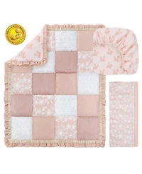 The Peanutshell 3 Piece Baby Crib Bedding Set for Girls - Cotton Fitted Crib Sheet, Layered Dust Ruffle, Comforter, Pink, Gold, Floral - Grace