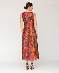 Avec Les Filles Women's Printed Scoop Neck Lantern Midi Dress