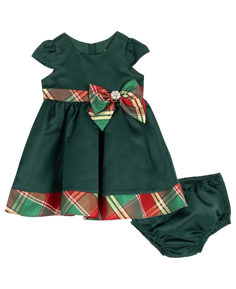Rare Editions Baby Girls 2-Piece Satin Cap Plaid Bow Dress and Diaper Cover Set