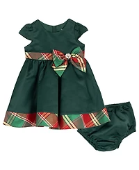 Rare Editions Baby Girls 2-Piece Satin Cap Plaid Bow Dress and Diaper Cover Set