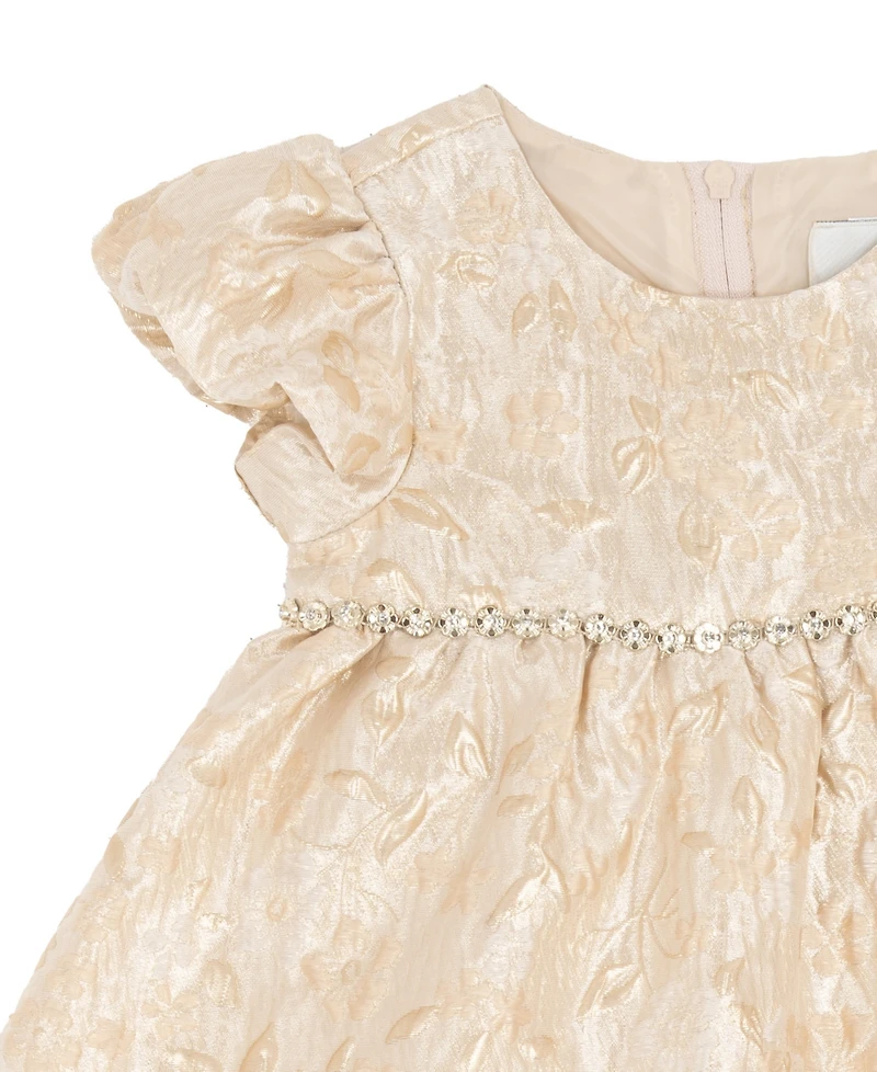 Rare Editions Baby Girls 2-Piece Gold Brocade Puff Sleeve Dress and Diaper Cover Set