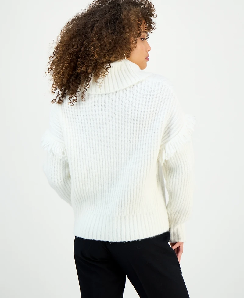 I.n.c. International Concepts Petite Fringe-Trim Cable Knit Turtleneck Sweater, Macy's Exclusive